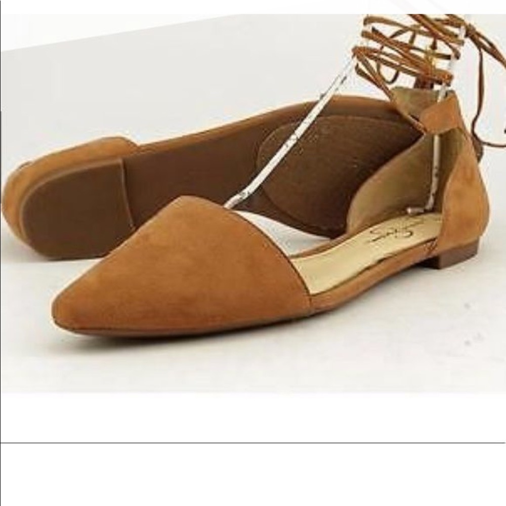 Jessica Simpson Tan Suede Pointed Toe Lace-Up Flats